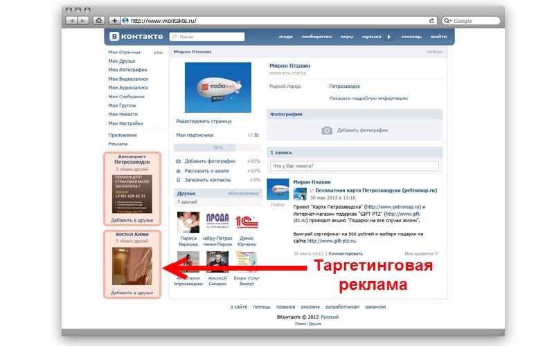 Места размещения рекламных объявлений ВКонтакте: